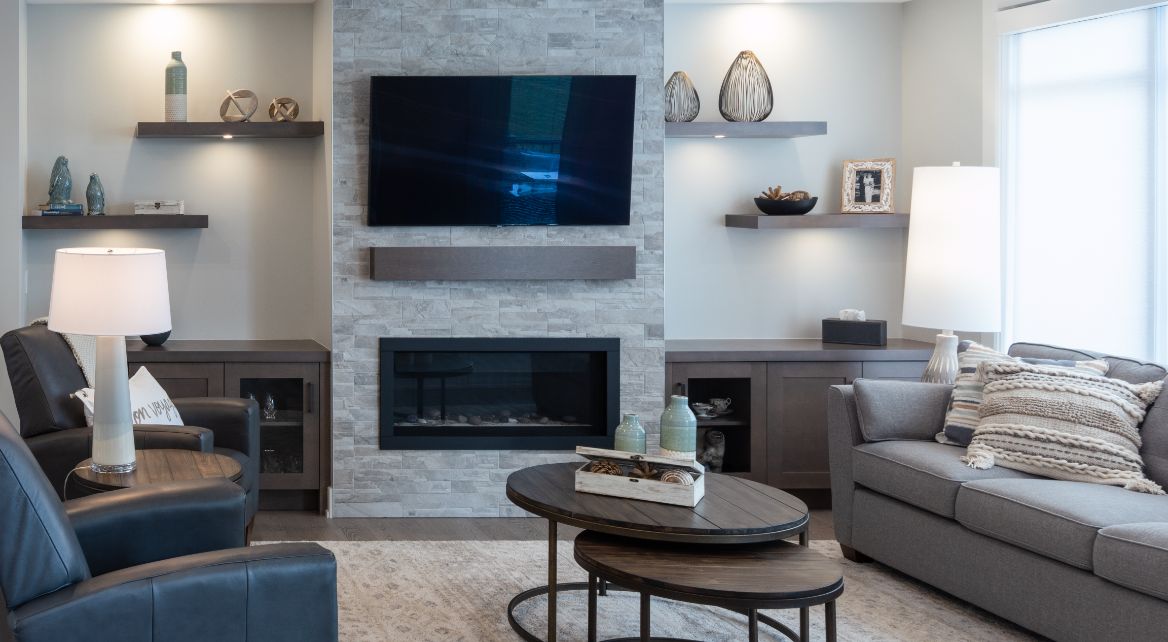 Family Room with tv over fireplace