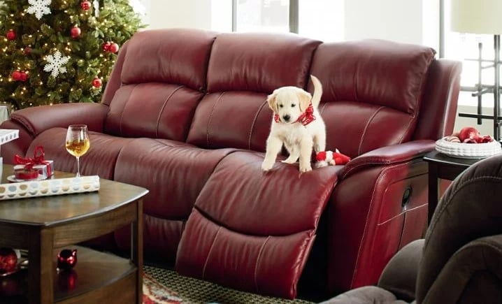 La-Z-Boy Barrett reclining sofa with puppy in living room with Christmas theme