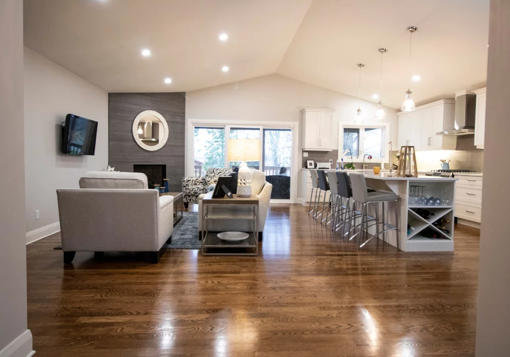 open concept kitchen living room and dining room