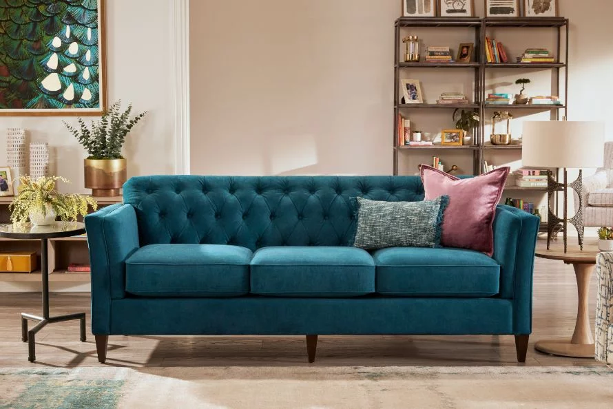 La-Z-Boy Alexandria sofa in fabric D156496 teal, living room setting