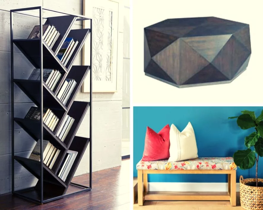 Modern Retro Design trend furniture examples include bookshelf, table and bench