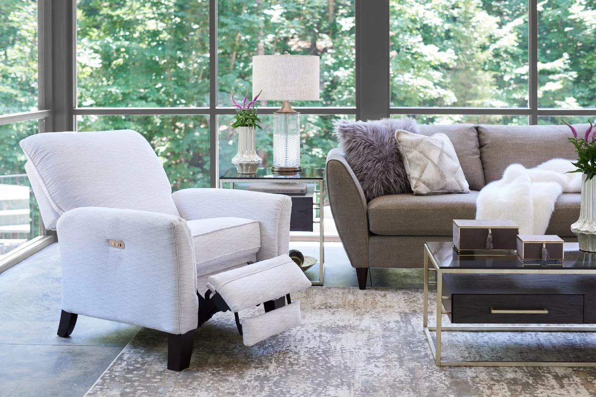 Riley recliner in a room group with sofa and coffee table